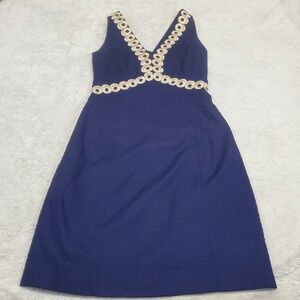NWT Lilly Pulitzer Navy Blue Gold Metallic Embroidered Shift Dress 2 Cocktail